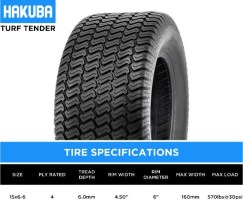 Tire - Hakuba Turftender, 15x6.00-6, 4 Ply, Lawn&Garden - 40G1566H - PBC4011EF1